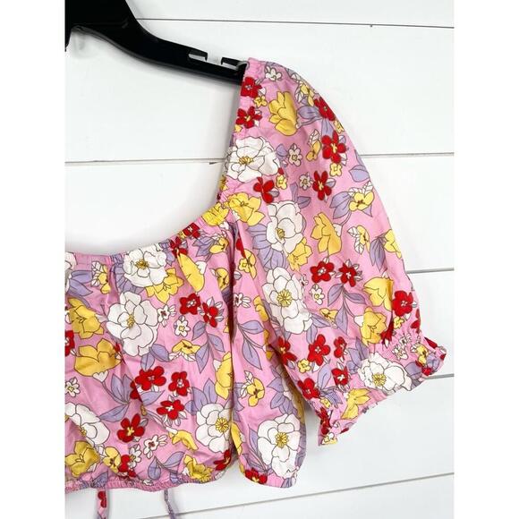 Vero Moda Pink Floral Print Puff Sleeve Tie Front Crop Blouse Size XL - Picture 7 of 10